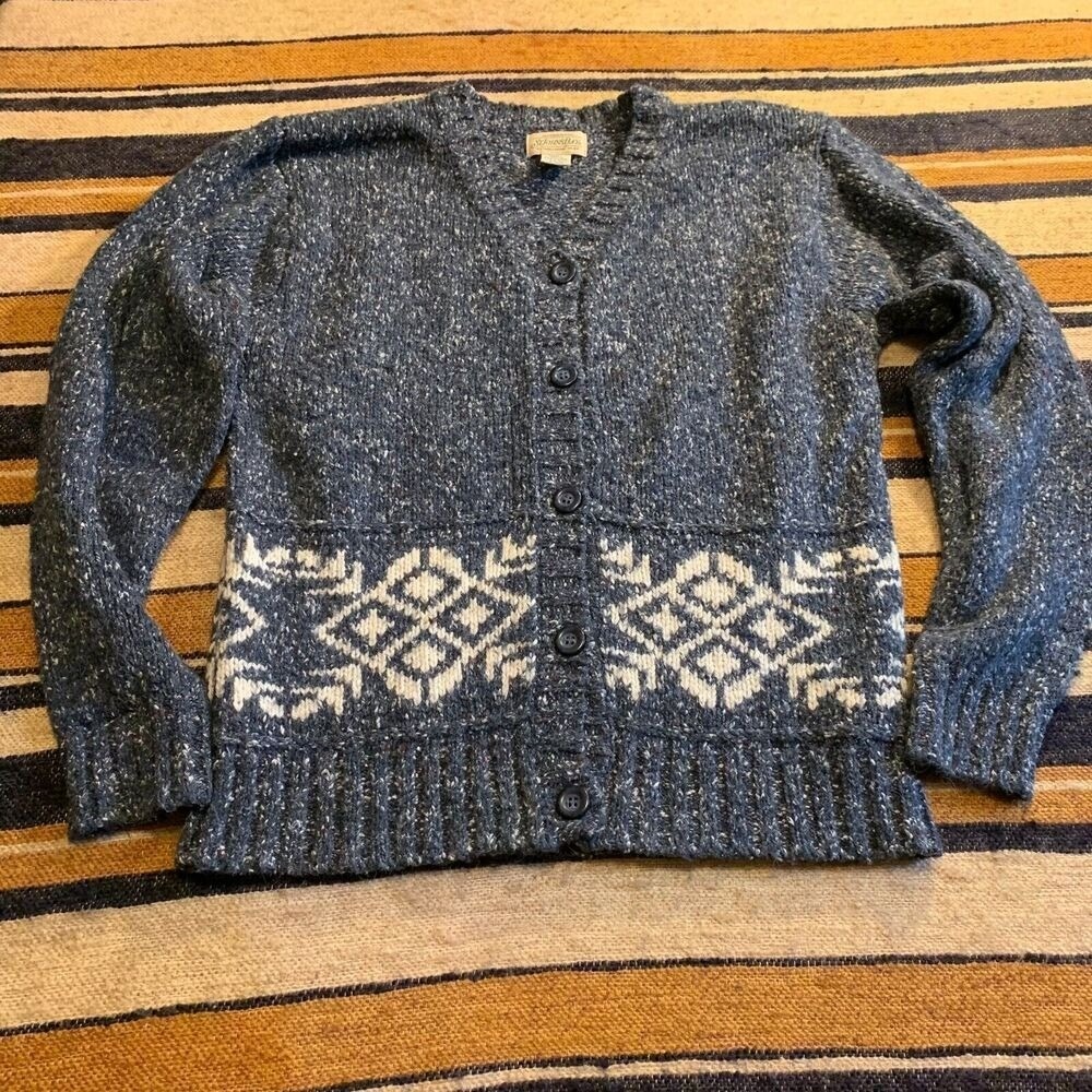 Vintage Cardigan Sweater Blue Geometric Snowflake Winter 90s Cottage Small Wool